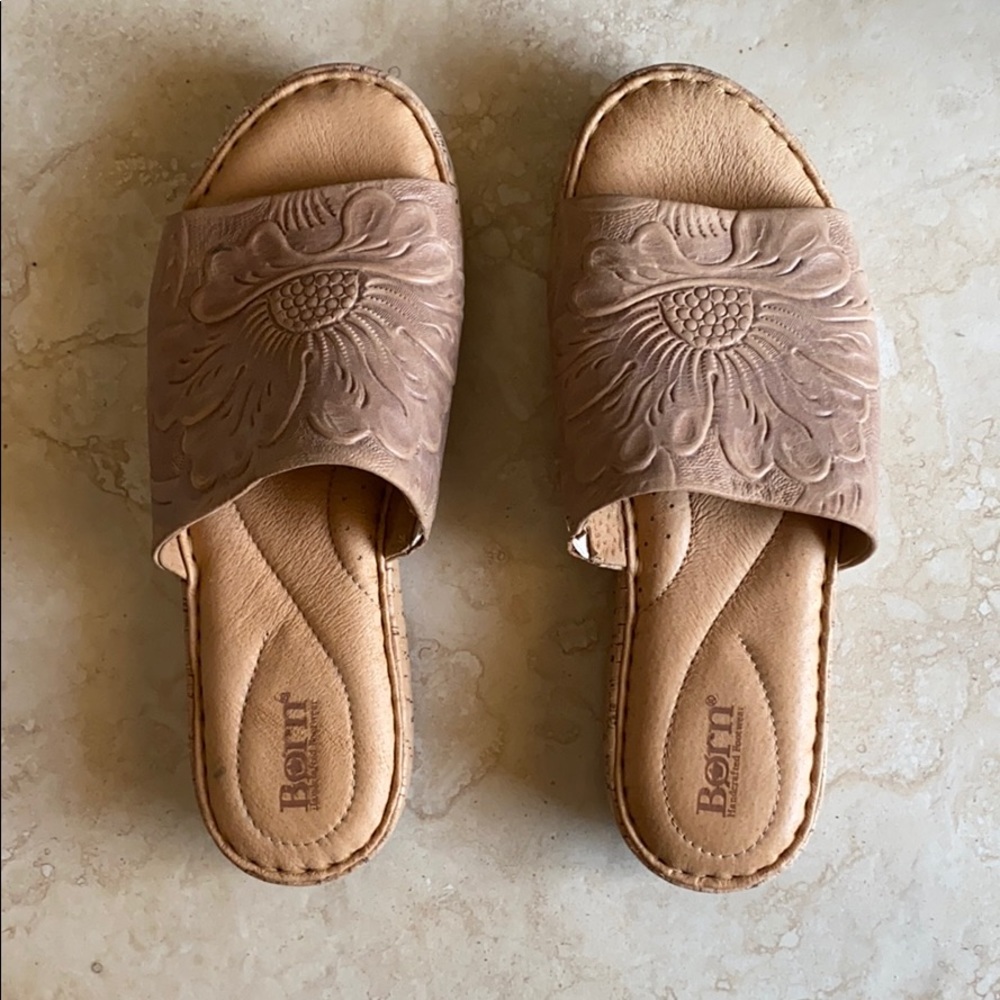 Brown leather slides